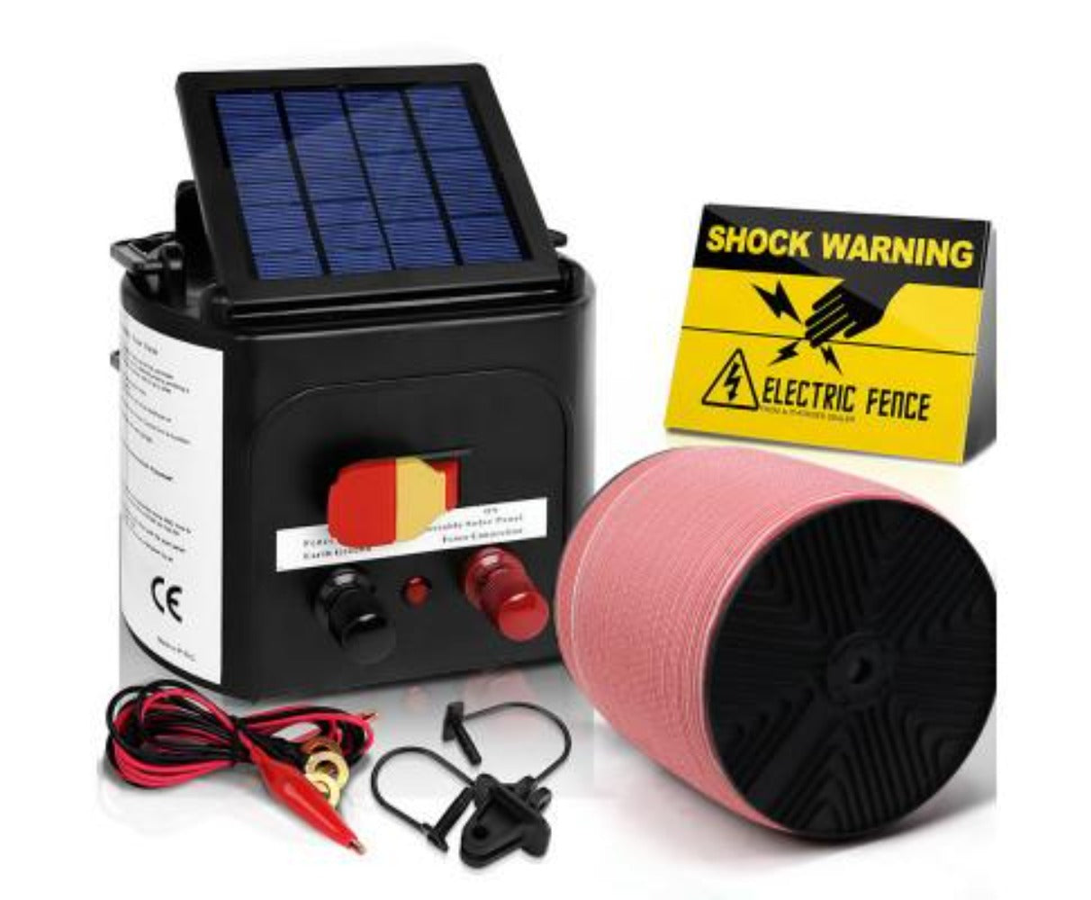 Electric Fence Energiser 3km Solar Powered Charger Set + 2000m Tape