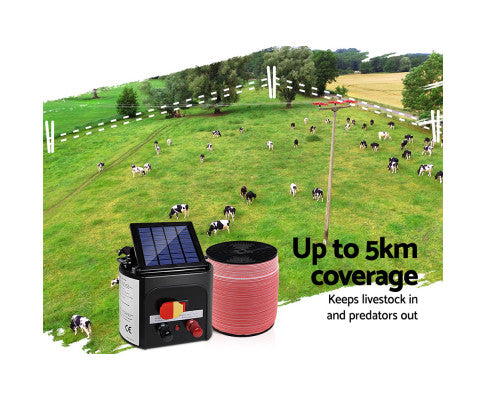 Electric Fence Energiser 5km Solar Power Charger Set + 2000m Tape