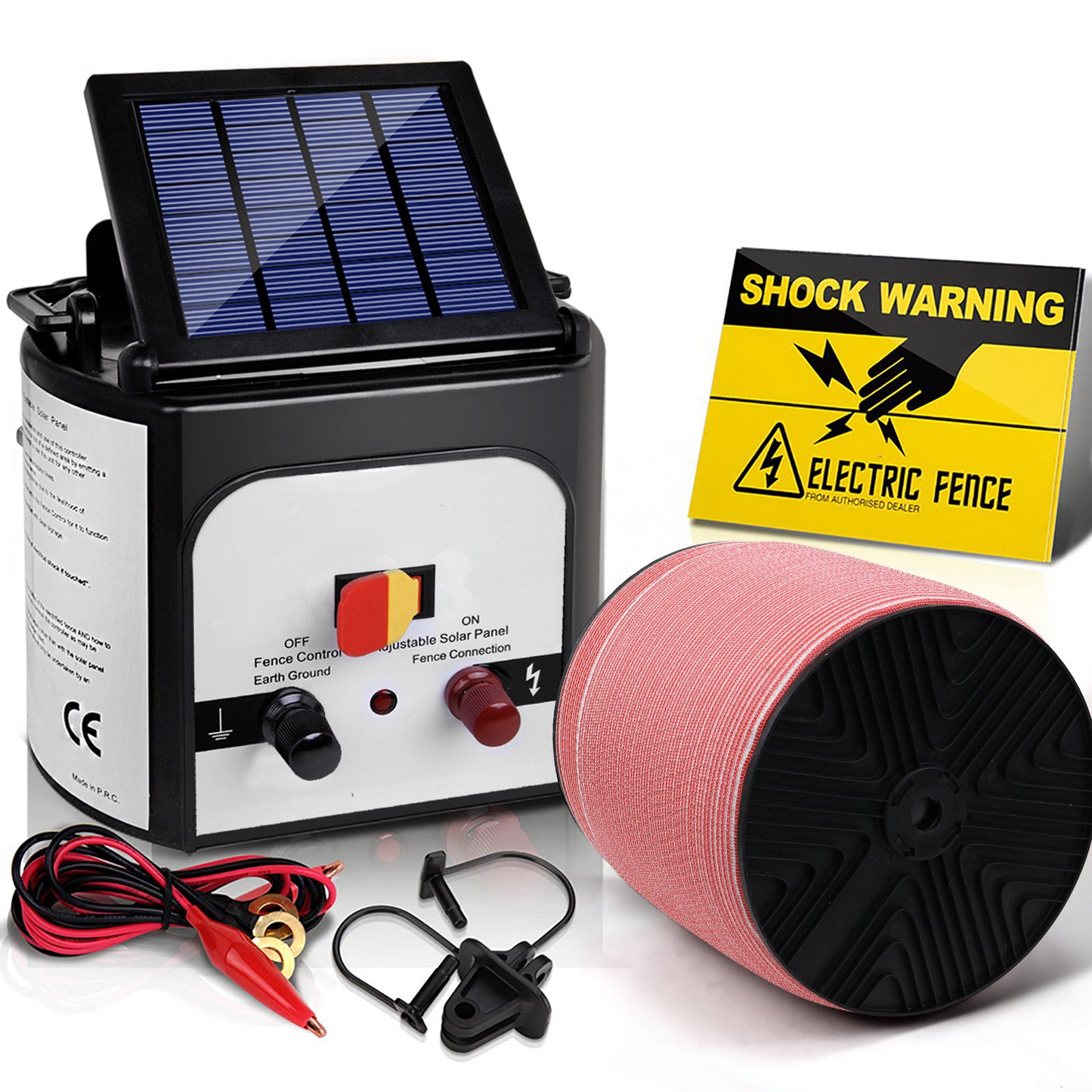 Electric Fence Energiser 8km Set Solar Powered Energizer + 2000m Tape