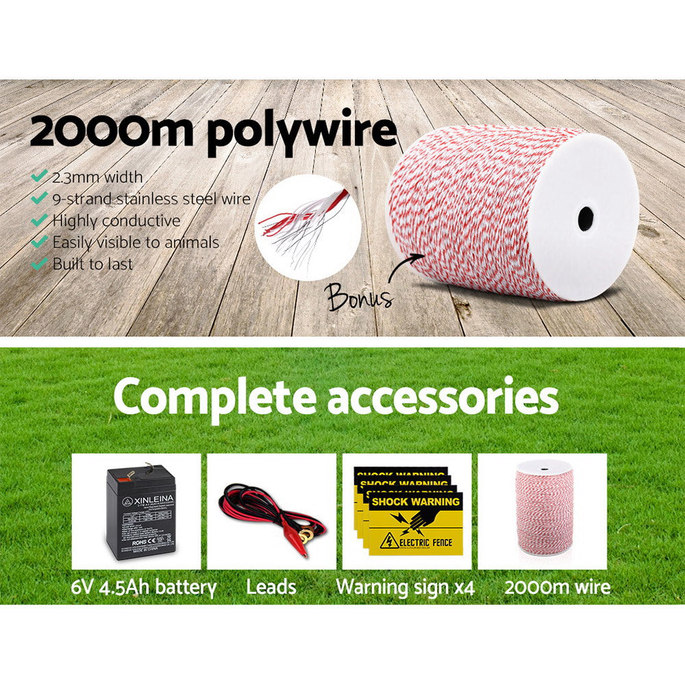 3km Solar Electric Fence Energiser Energizer 0.1J + 2000m Poly Fencing Wire Tape