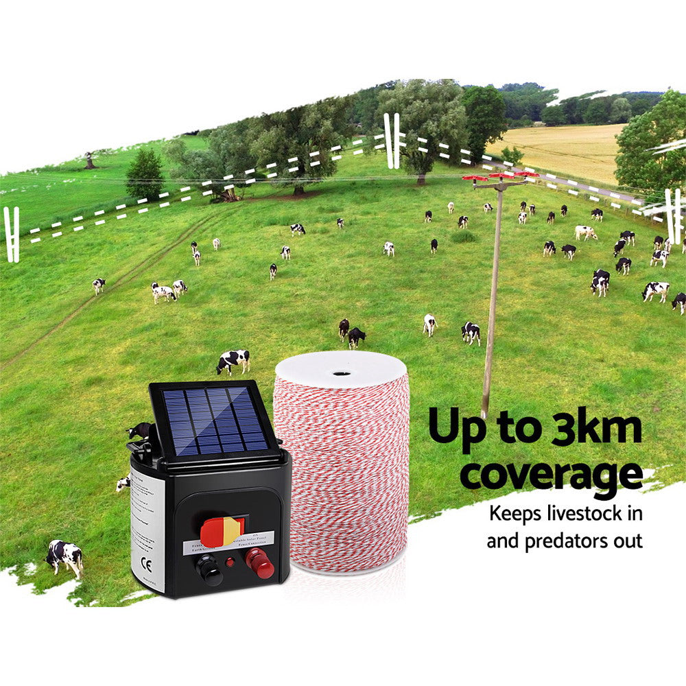 3km Solar Electric Fence Energiser Energizer 0.1J + 2000m Poly Fencing Wire Tape