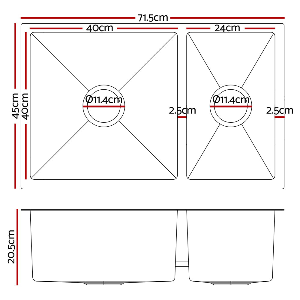 Kitchen Sink 71X45CM Stainless Steel Basin Double Bowl Laundry Silver