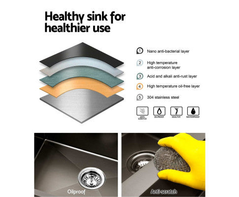 Kitchen Sink 75X45CM Stainless Steel Basin Single Bowl Laundry Black