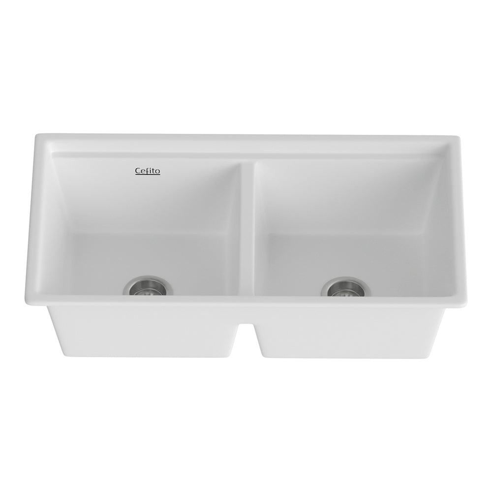 Kitchen Sink Stone Sink Granite Laundry Basin Double Bowl 79cmx46cm - White