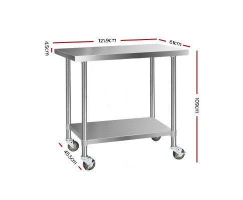 304 Stainless Steel Kitchen Benches Work Bench Food Prep Table with Wheels 1219Mmx610MM