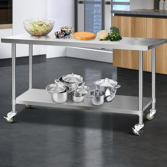 1829x762mm Commercial Stainless Steel Kitchen Bench with 4pcs Castor Wheels