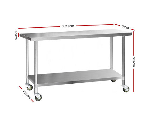 430 Stainless Steel Kitchen Benches Work Bench Food Prep Table with Wheels 1829Mmx610MM