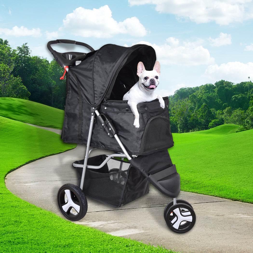 Pet Stroller 3 Wheels Dog Cat Cage Puppy Pushchair Travel Walk Carrier Pram - Black