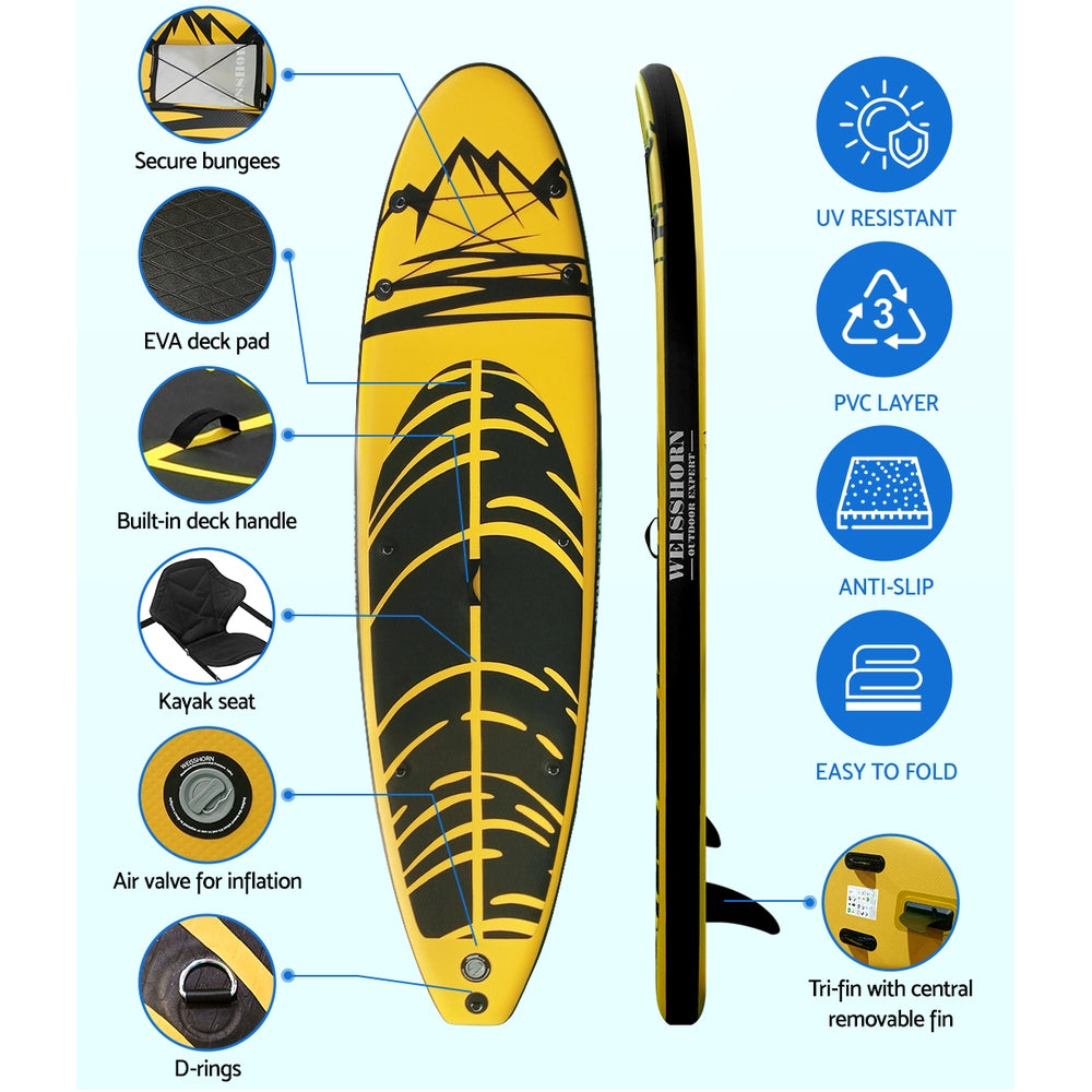 Stand Up Paddle Board 10.6ft Inflatable SUP Surfboard Paddleboard Kayak Surf - Yellow