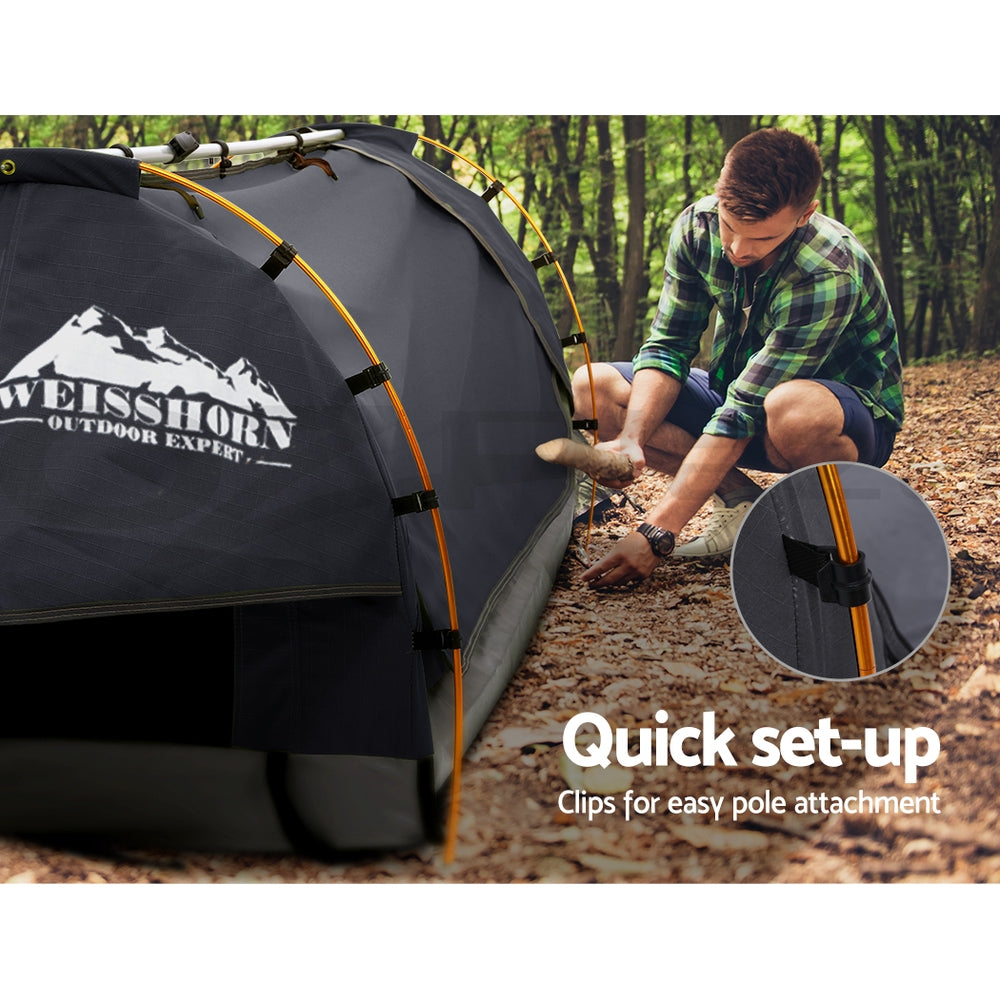 Double Swag Camping Swags Canvas Free Standing Dome Tent Dark Grey 4CM