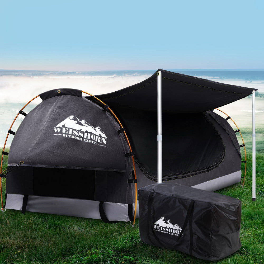 Double Swag Camping Swags Canvas Free Standing Dome Tent Dark Grey 4CM