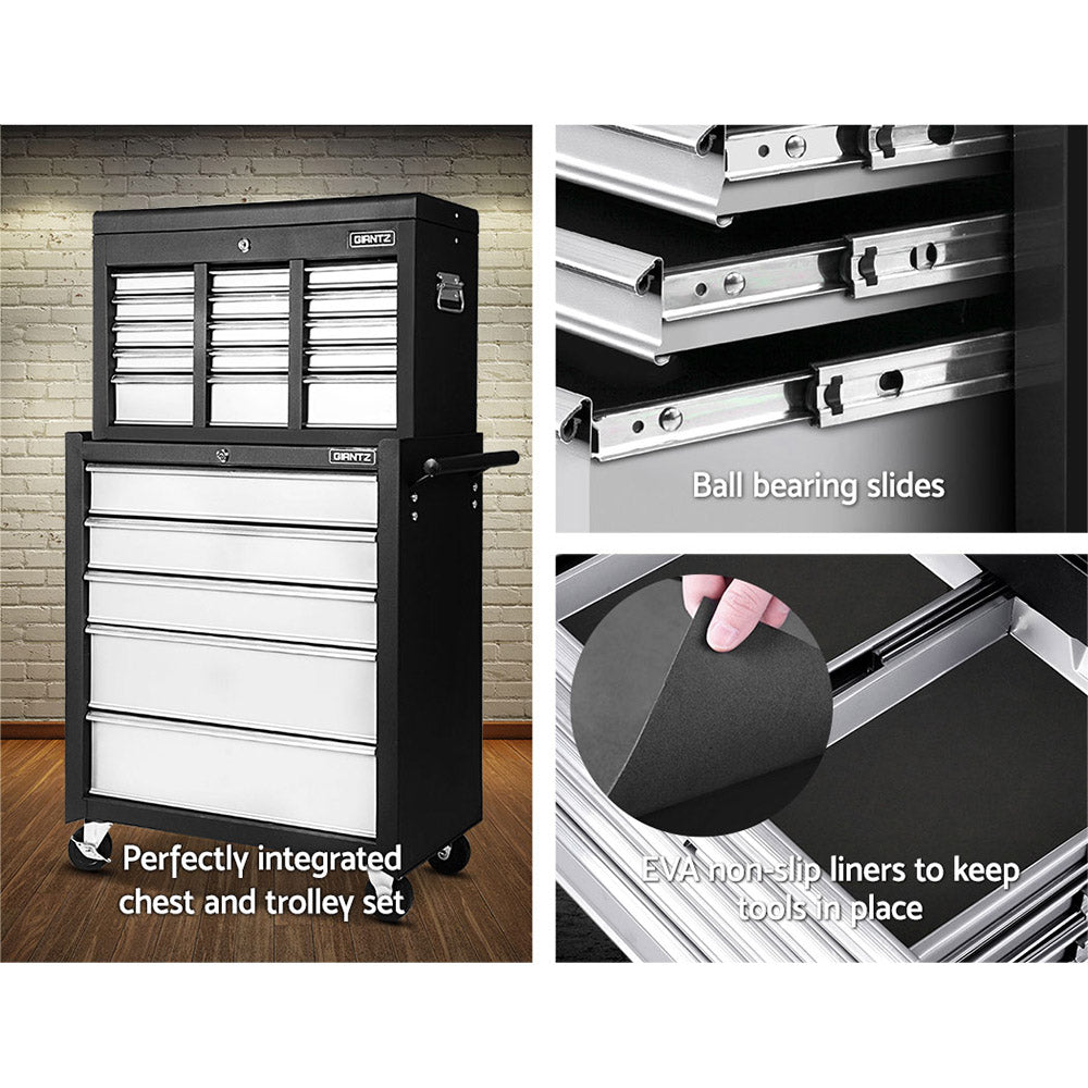 14 Drawers Toolbox Chest Cabinet Mechanic Trolley Garage Tool Storage Box - Black & Silver