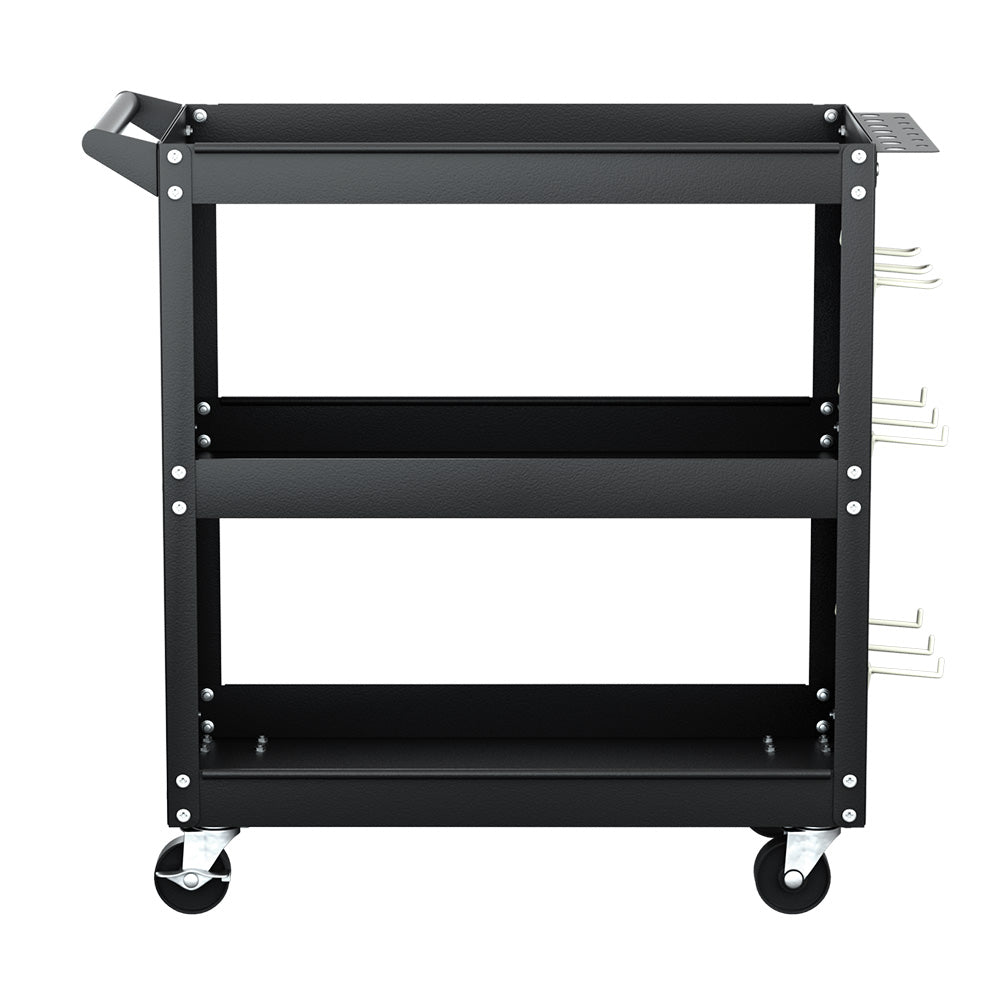 3-Tier Tool Cart Storage Trolley Workshop Garage Pegboard Hooks Black