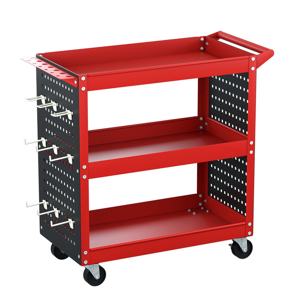 3-Tier Tool Cart Storage Trolley Workshop Garage Pegboard Hooks - Red
