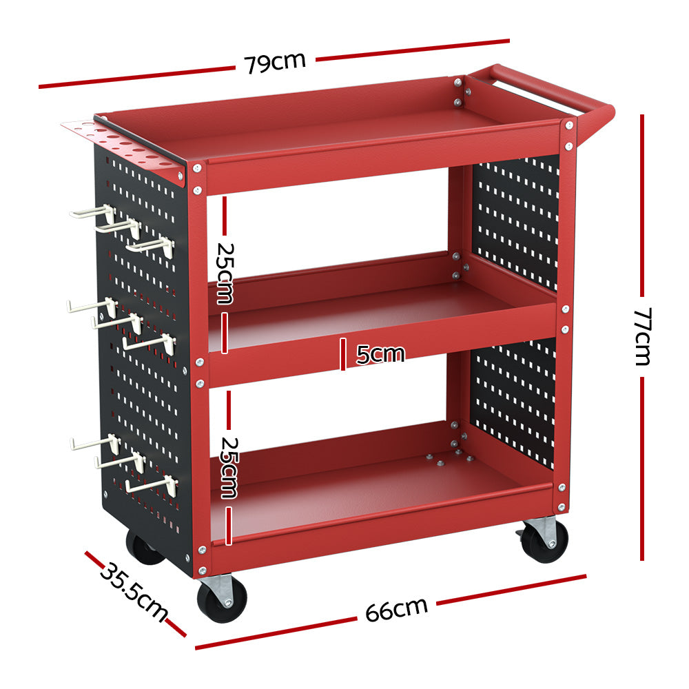 3-Tier Tool Cart Storage Trolley Workshop Garage Pegboard Hooks - Red