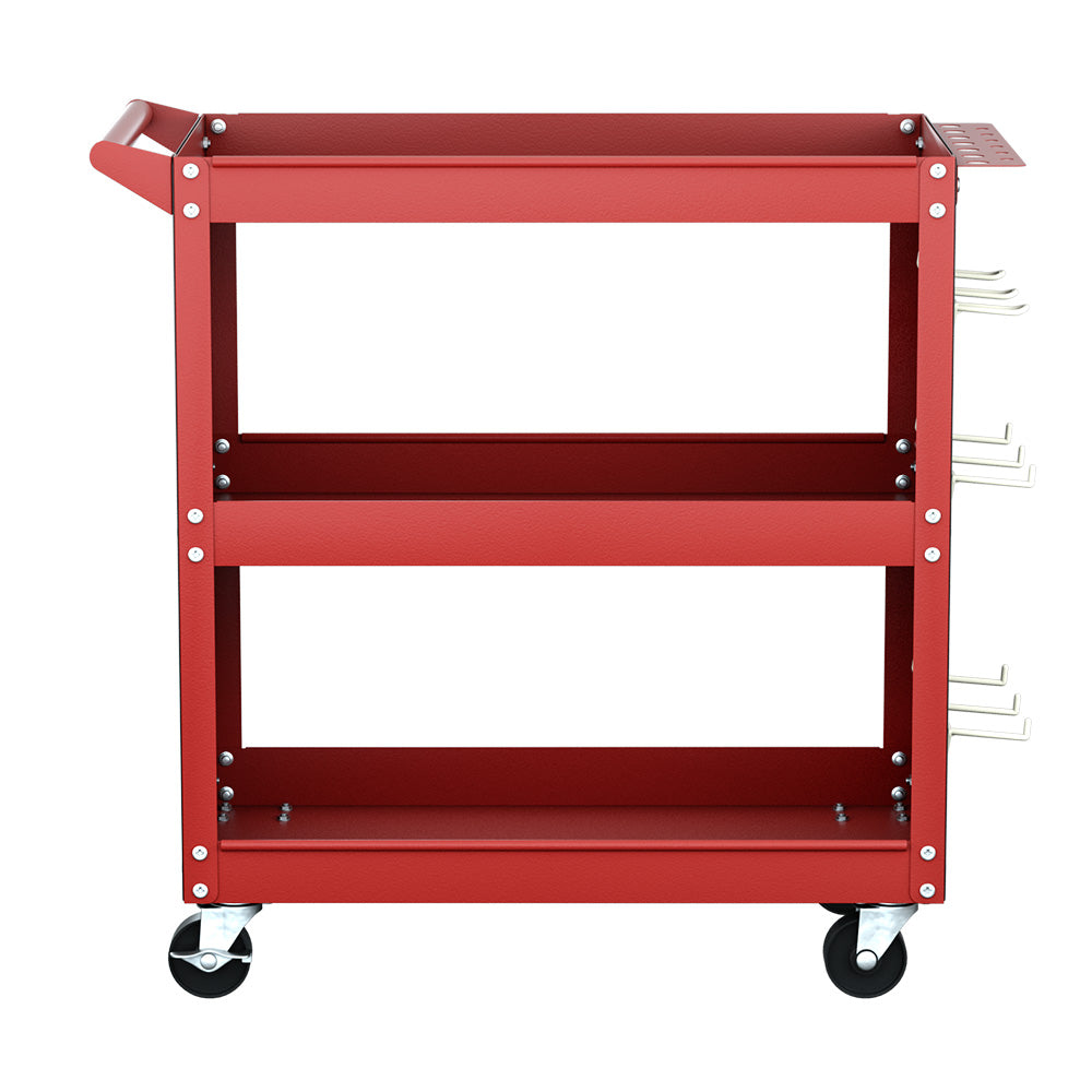 3-Tier Tool Cart Storage Trolley Workshop Garage Pegboard Hooks - Red