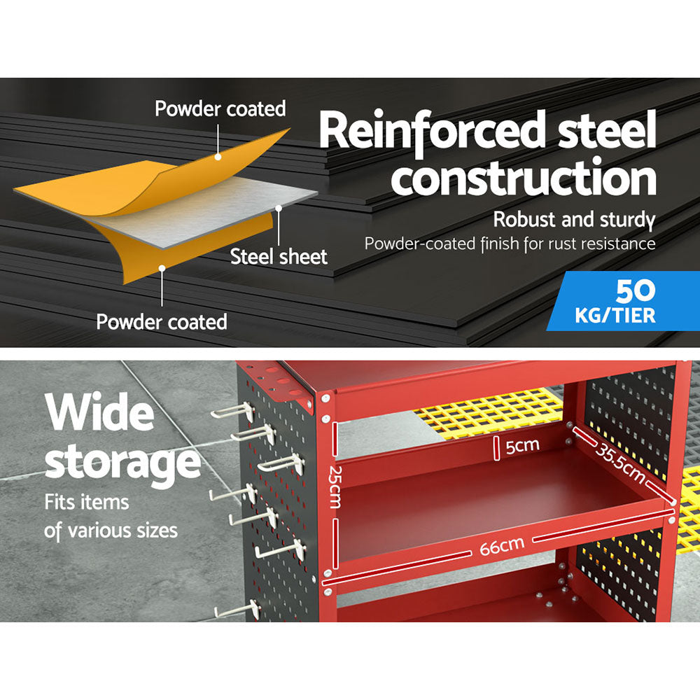 3-Tier Tool Cart Storage Trolley Workshop Garage Pegboard Hooks - Red