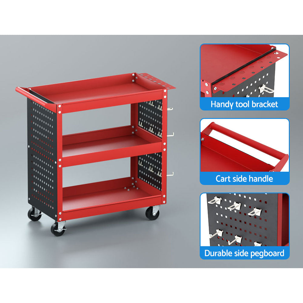 3-Tier Tool Cart Storage Trolley Workshop Garage Pegboard Hooks - Red