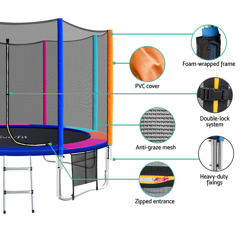 12FT Trampoline Round Trampolines Kids Safety Net Enclosure Pad Outdoor Gift Multi-coloured