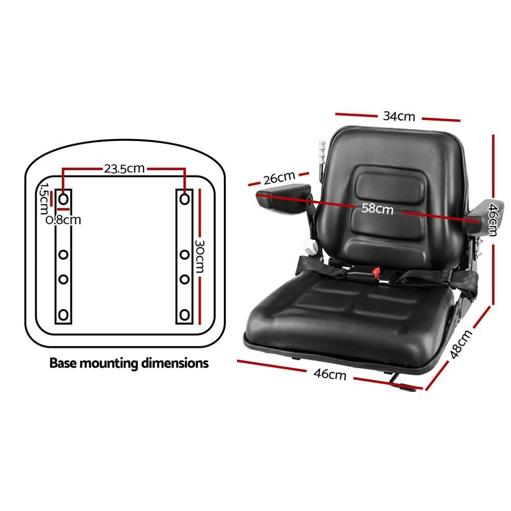 Tractor Seat with Armrest Forklift Excavator Bulldozer Universal Suspension Backrest Truck Chair black