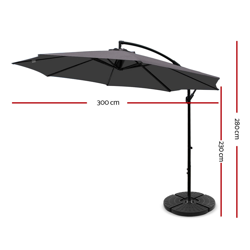 3m Kapolei Outdoor Umbrella Cantilever Sun Beach Garden Patio with 48x48cm Base - Charcoal