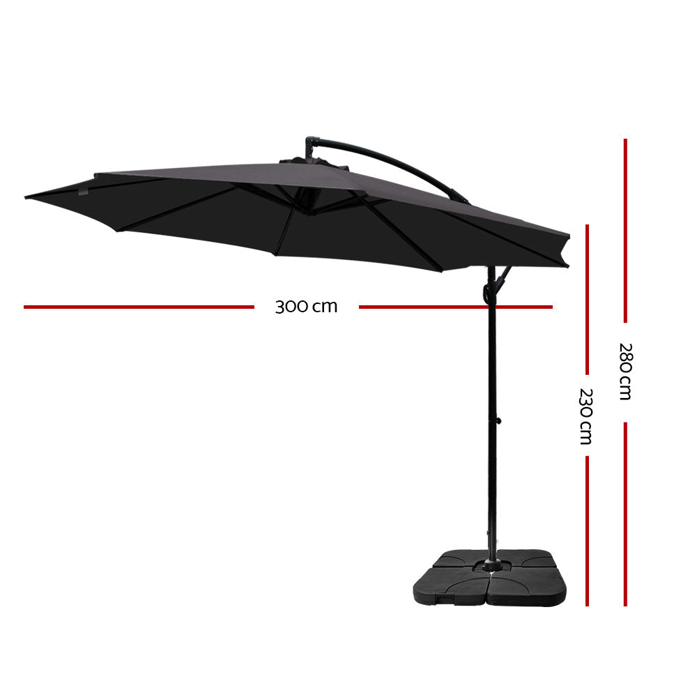 3m Kapolei Outdoor Umbrella Cantilever Sun Stand UV Garden with 50x50cm Base - Charcoal