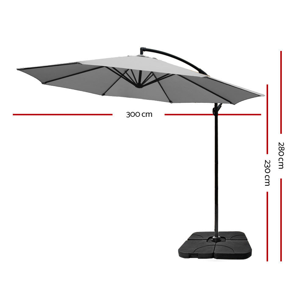 3m Kapolei Outdoor Umbrella Cantilever Sun Stand UV Garden with 50x50cm Base - Grey