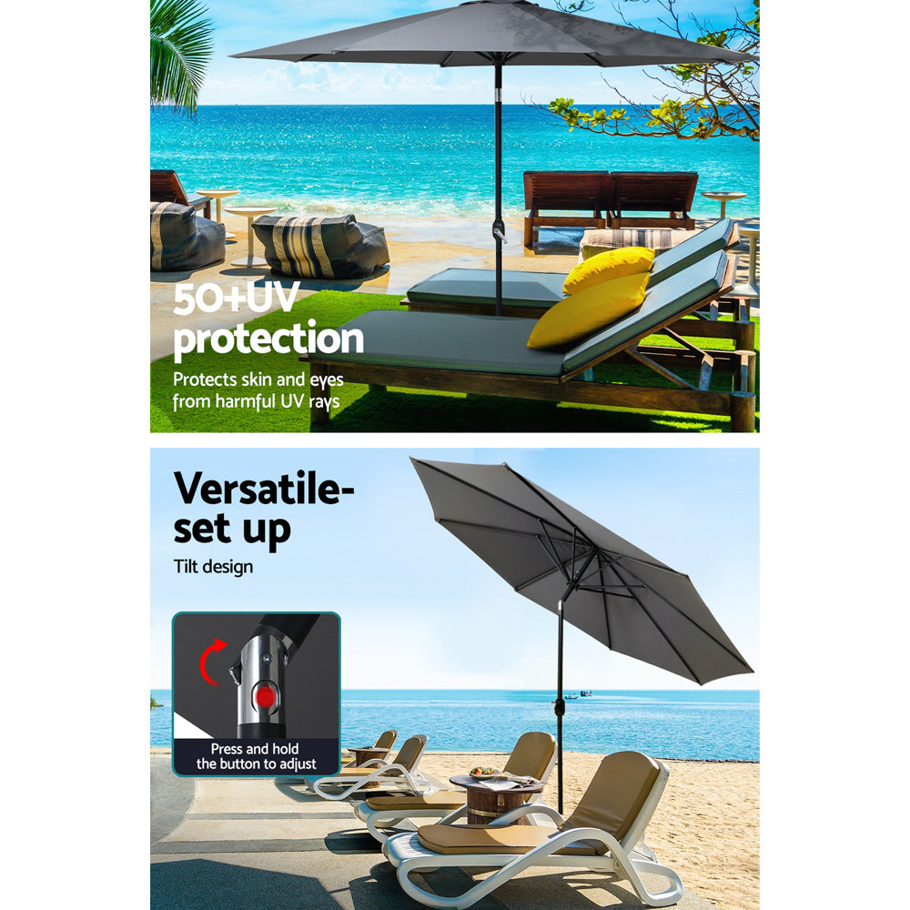 3m Kahului Outdoor Umbrella Beach Pole Garden Tilt Sun Patio UV with Base - Charcoal