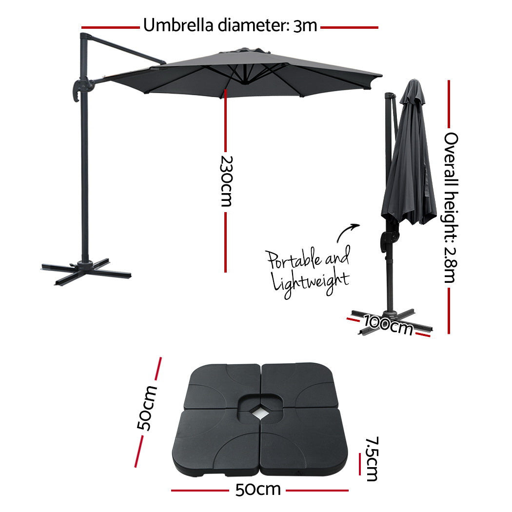 3m Lahaina Outdoor Umbrella Cantilever Beach Stand Sun with Base - Charcoal