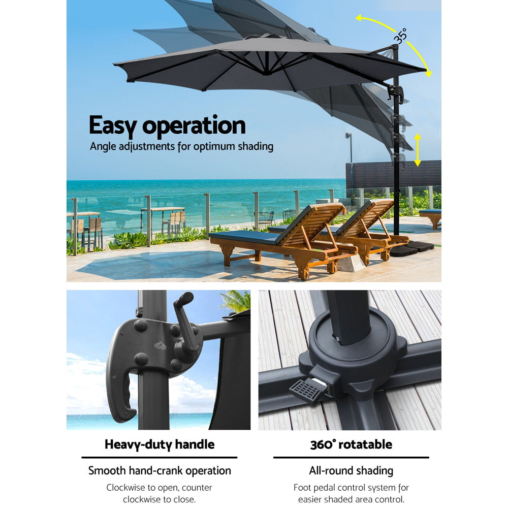 3m Lahaina Outdoor Umbrella Cantilever Beach Stand Sun with Base - Charcoal