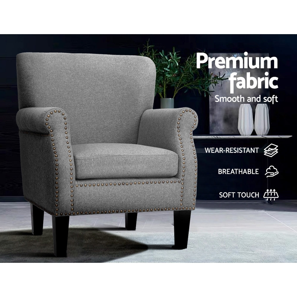 May Retro Accent Linen Fabric Lounge Armchair - Grey