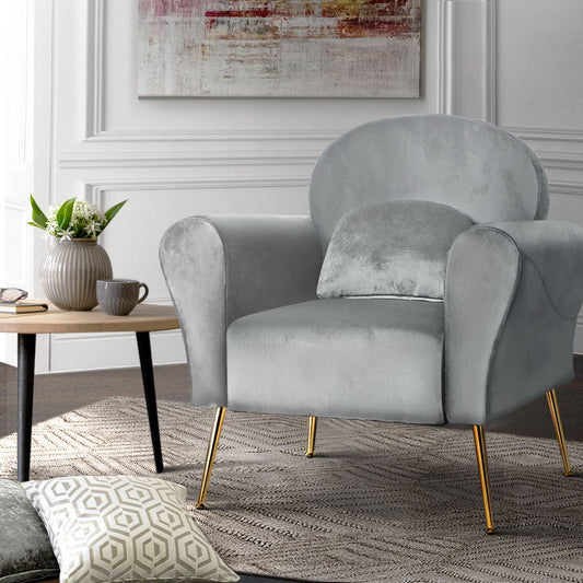 Maryjane Accent Velvet Cushion Lounge Armchair - Grey