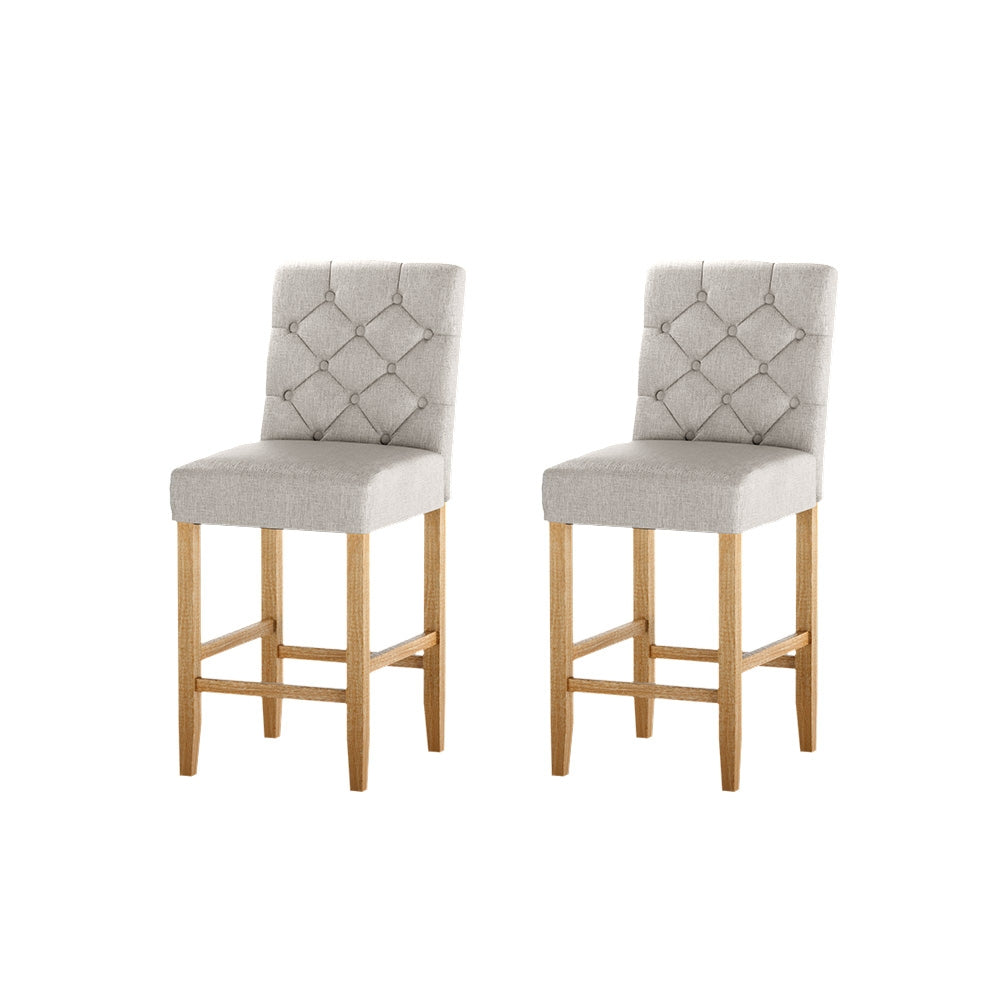 Set of 2 Khiva Bar Stools Kitchen Stool Wooden Linen Upholstered - Beige