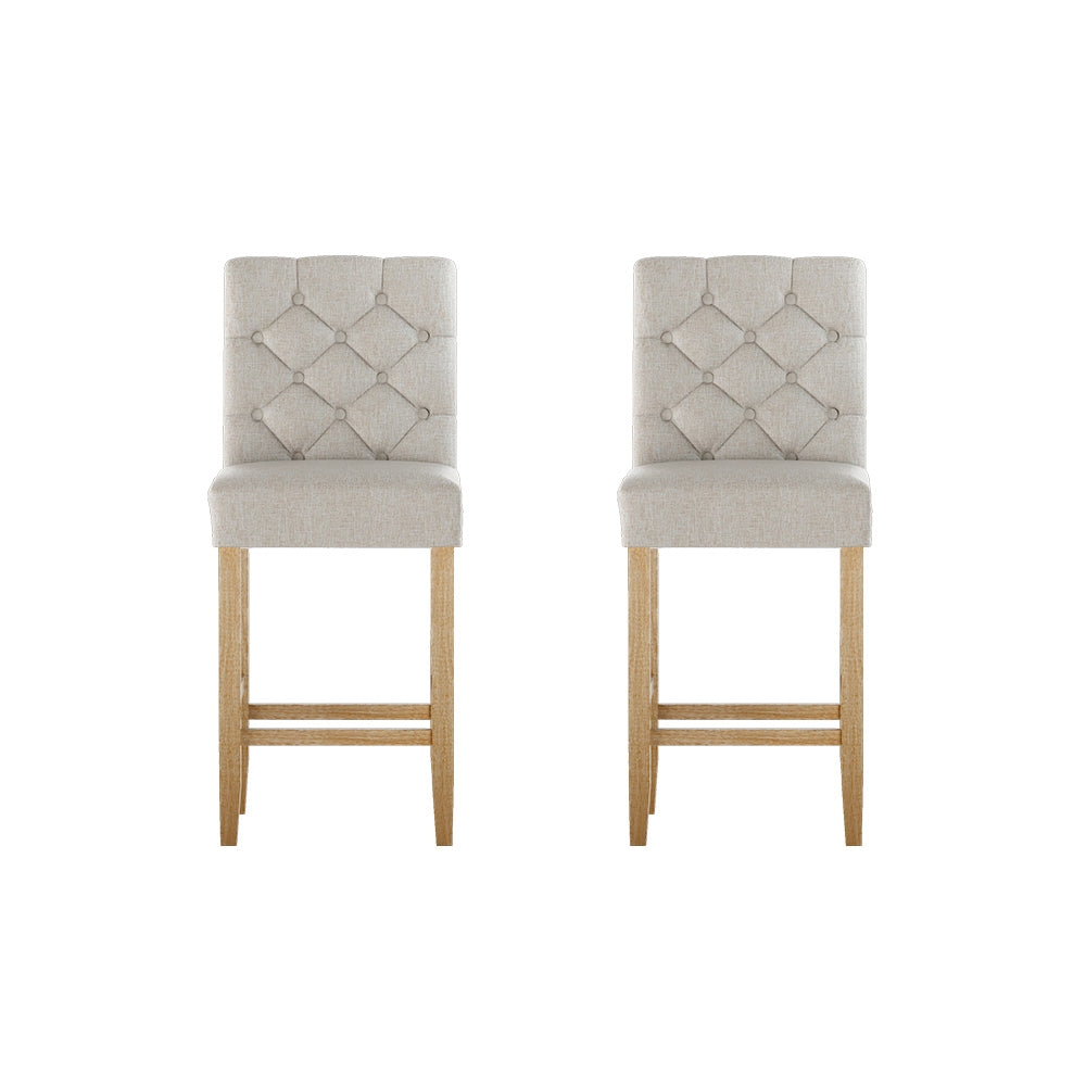 Set of 2 Khiva Bar Stools Kitchen Stool Wooden Linen Upholstered - Beige