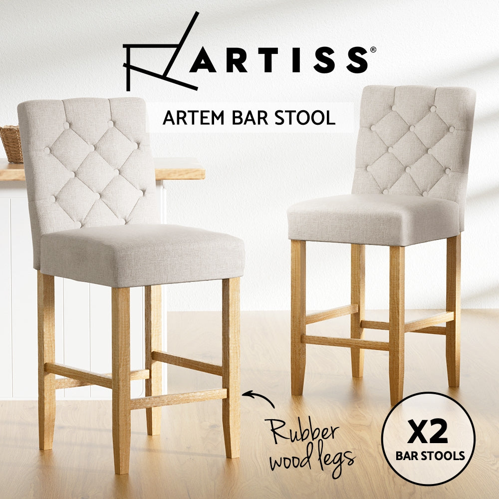 Set of 2 Khiva Bar Stools Kitchen Stool Wooden Linen Upholstered - Beige