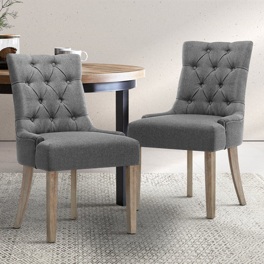 Bristol Set of 2 Dining Chairs French Provincial Wooden Fabric Retro Cafe - Grey
