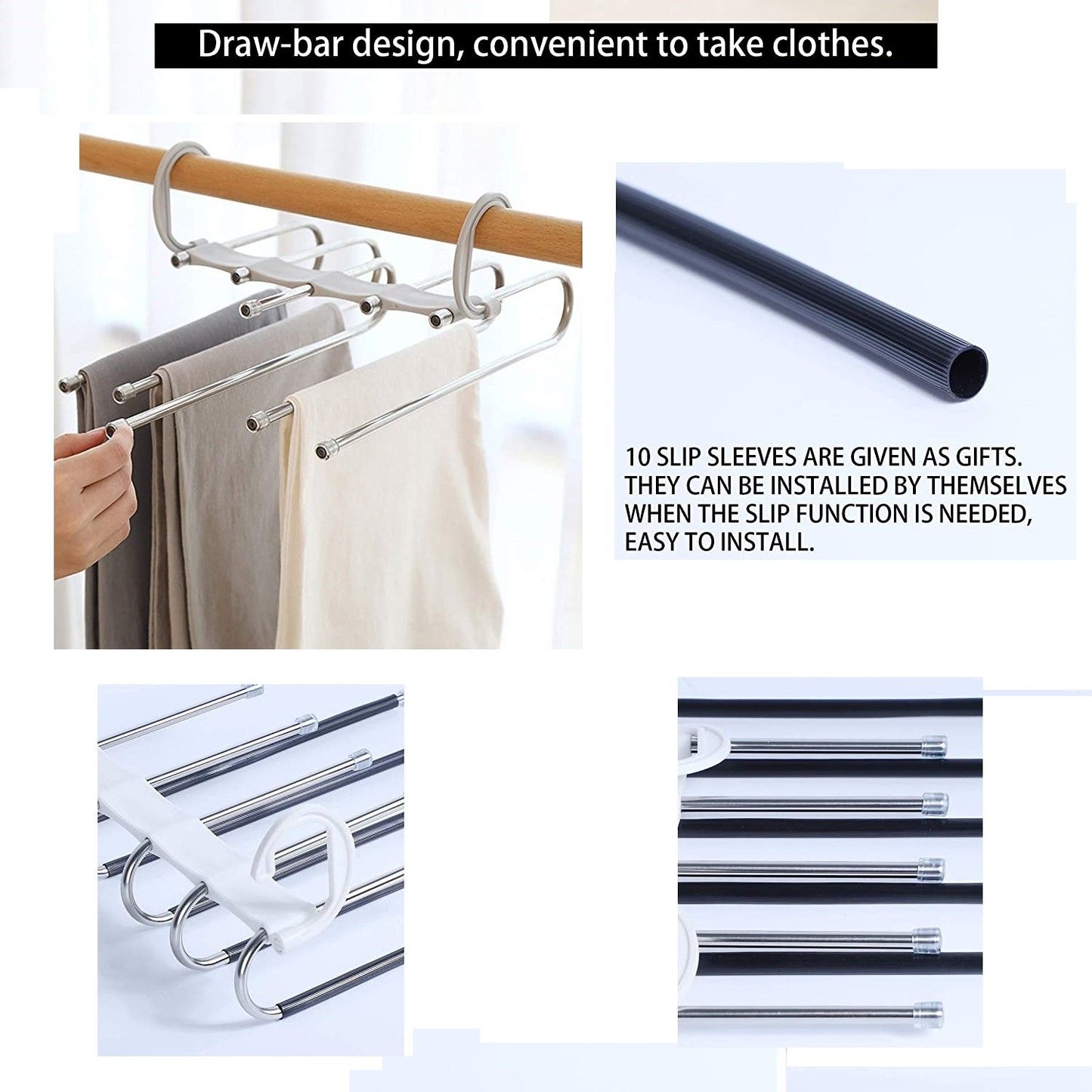 2 Pack Adjustable Multi-Layer 5 in 1 Pants Hanger for Wardrobe and Home Storage - White