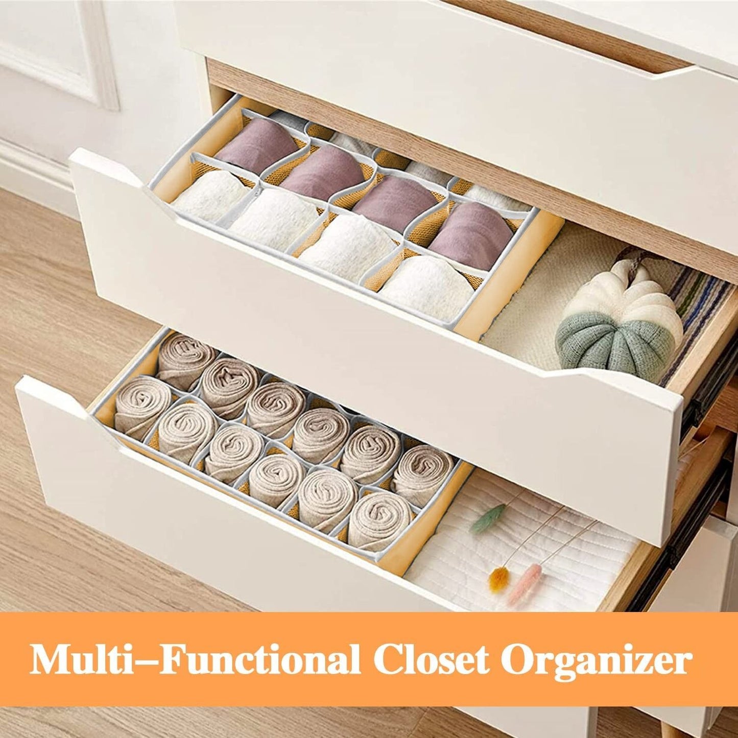 Set of 2 Fabric Drawer Organizer Divider Storage Boxes for Storing Socks, Underwear, Ties, Scarves - Beige