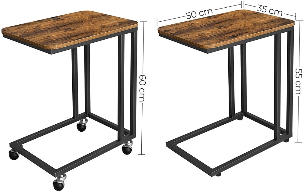 Iraia End Side Table with Steel Frame and Castors - Rustic Brown & Black