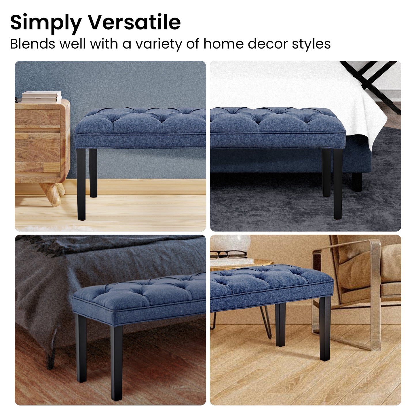 Button-tufted Upholstered Bench With Tapered Legs By - Blue Linen