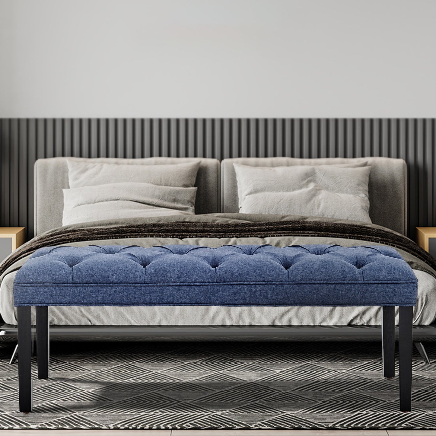 Button-tufted Upholstered Bench With Tapered Legs By - Blue Linen