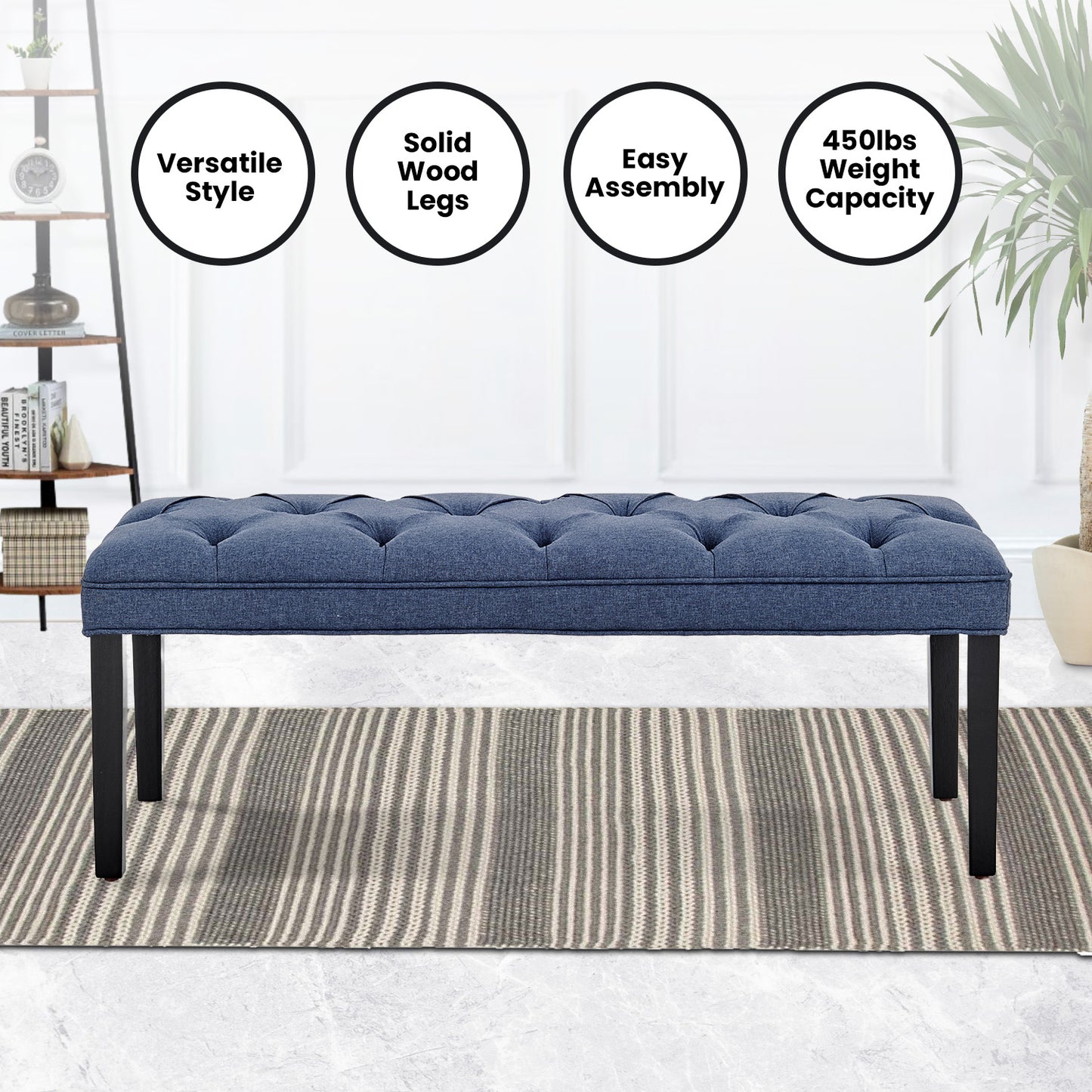 Button-tufted Upholstered Bench With Tapered Legs By - Blue Linen