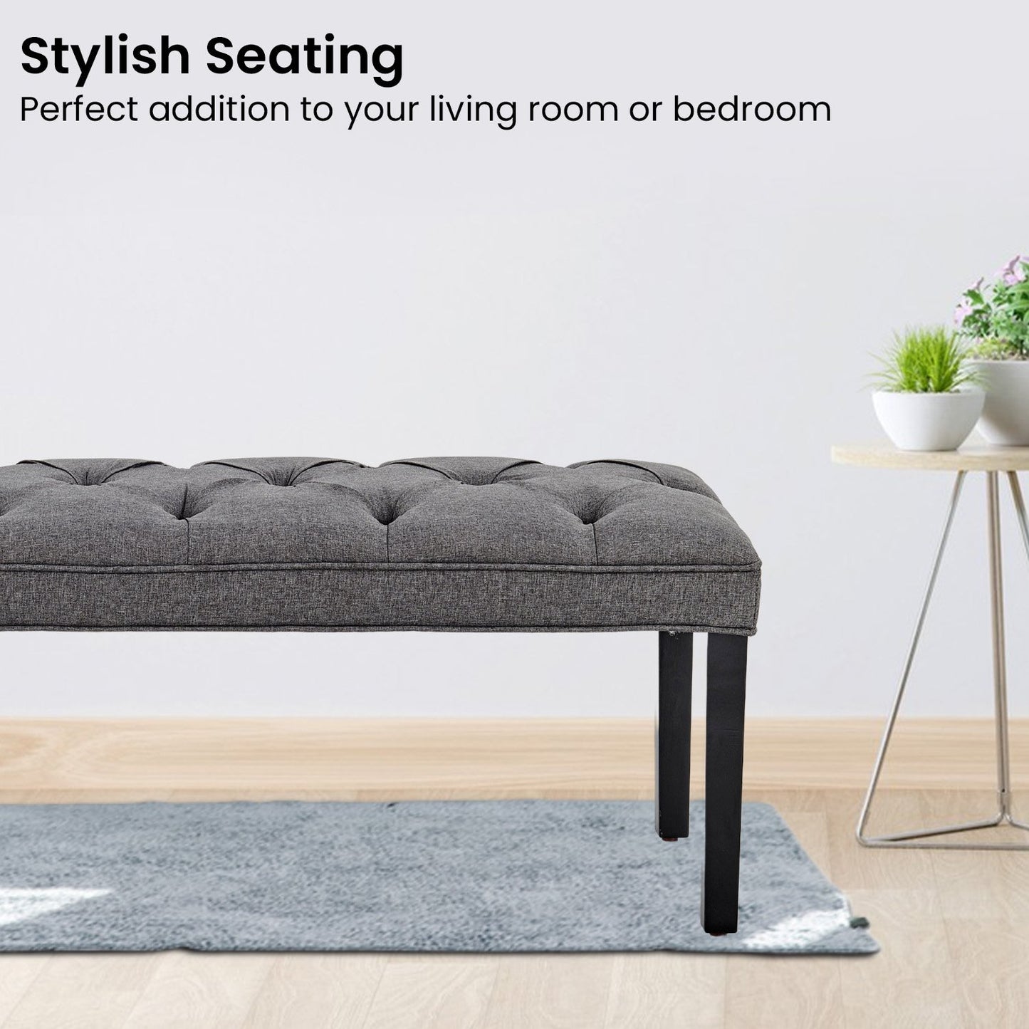 Button-tufted Upholstered Bench With Tapered Legs - Dark Grey Linen