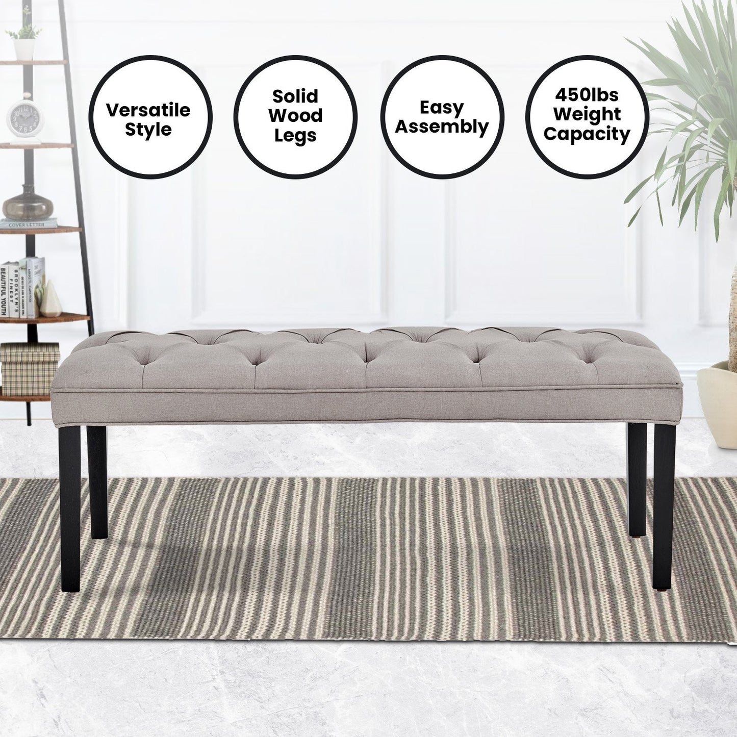 Button-tufted Upholstered Bench With Tapered Legs By - Light Grey