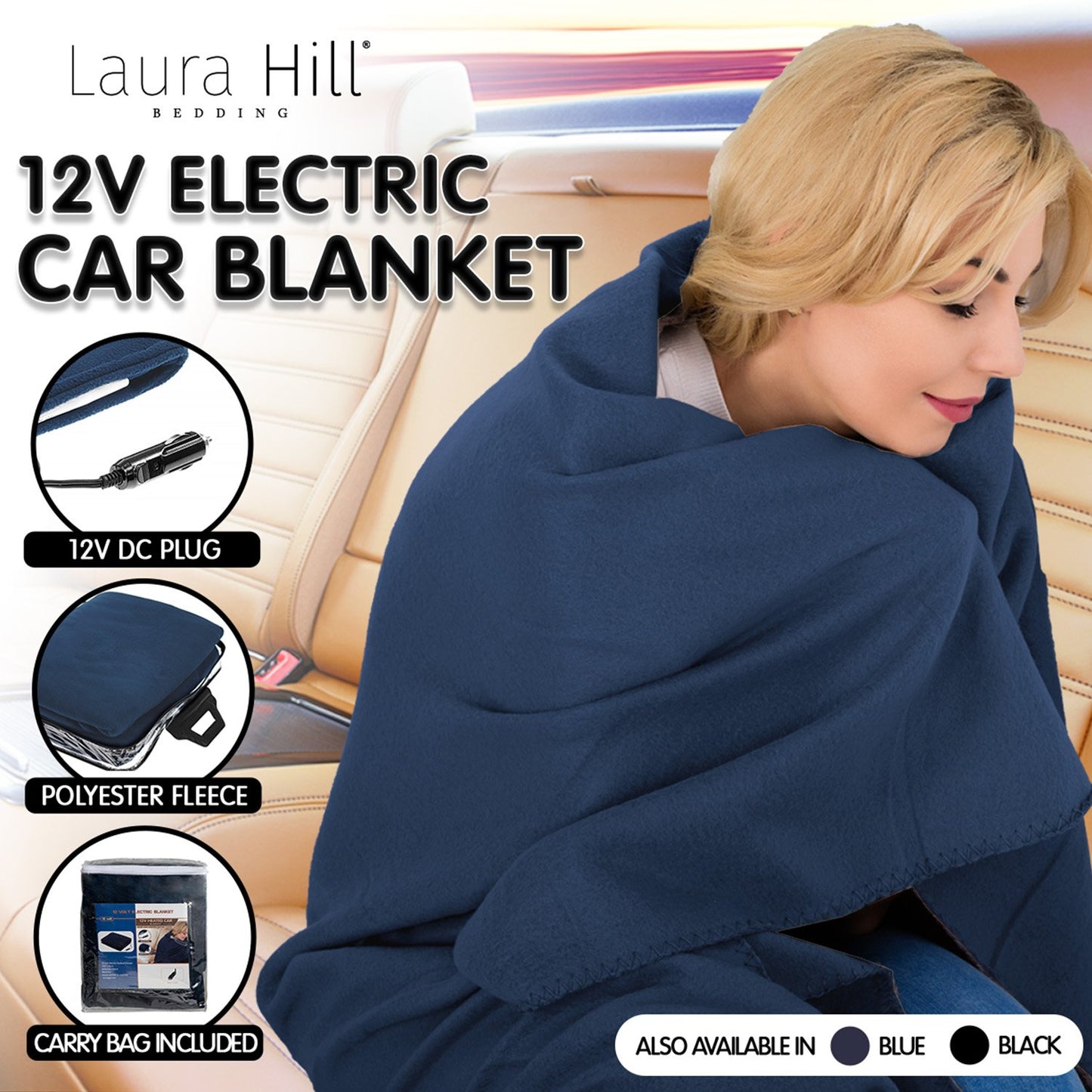 Heated Electric Car Blanket 150x110cm 12V - Navy Blue