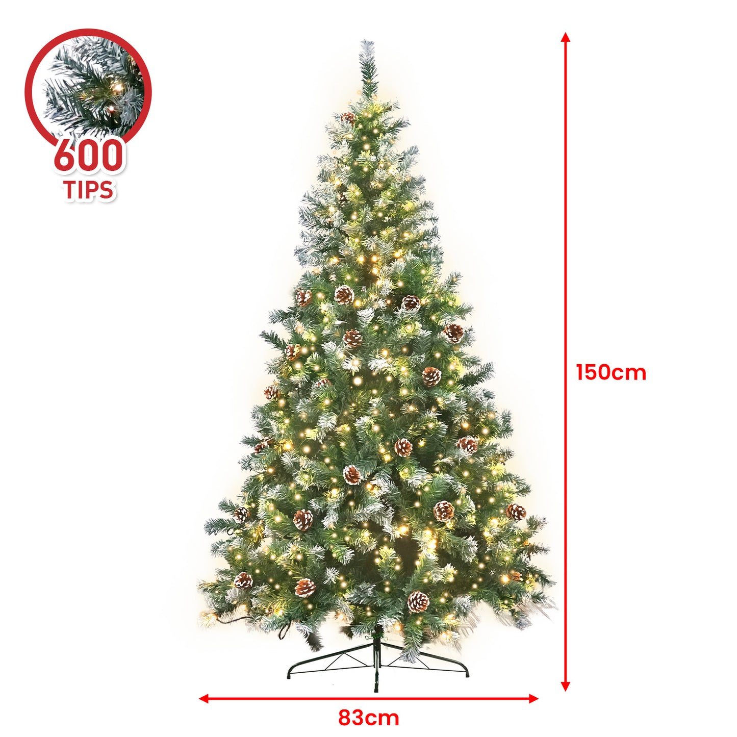 5ft 1.5m 600 Tips Pre Lit Christmas Tree Decor with Pine Cones Xmas Decorations