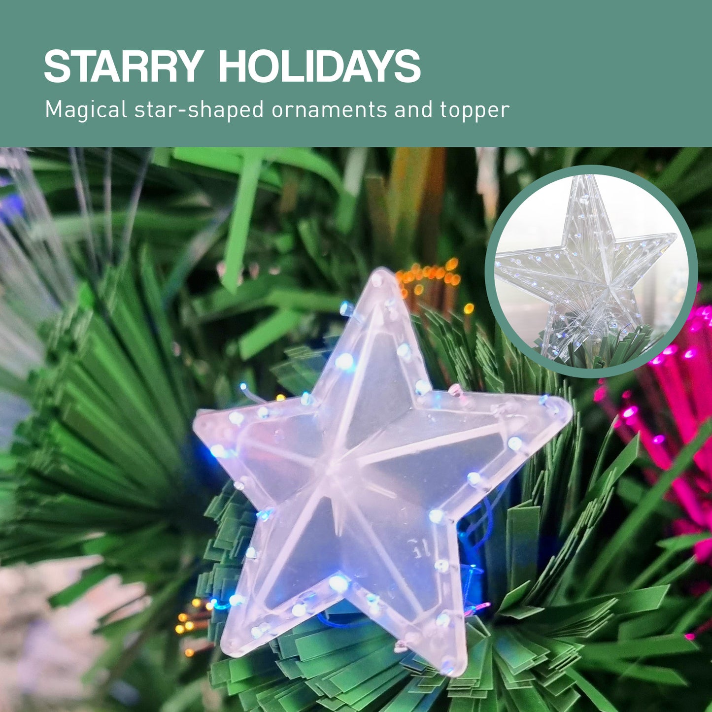 6ft 1.8m 250 Tips Enchanted Pre Lit Fibre Optic Christmas Tree Stars Xmas Decor