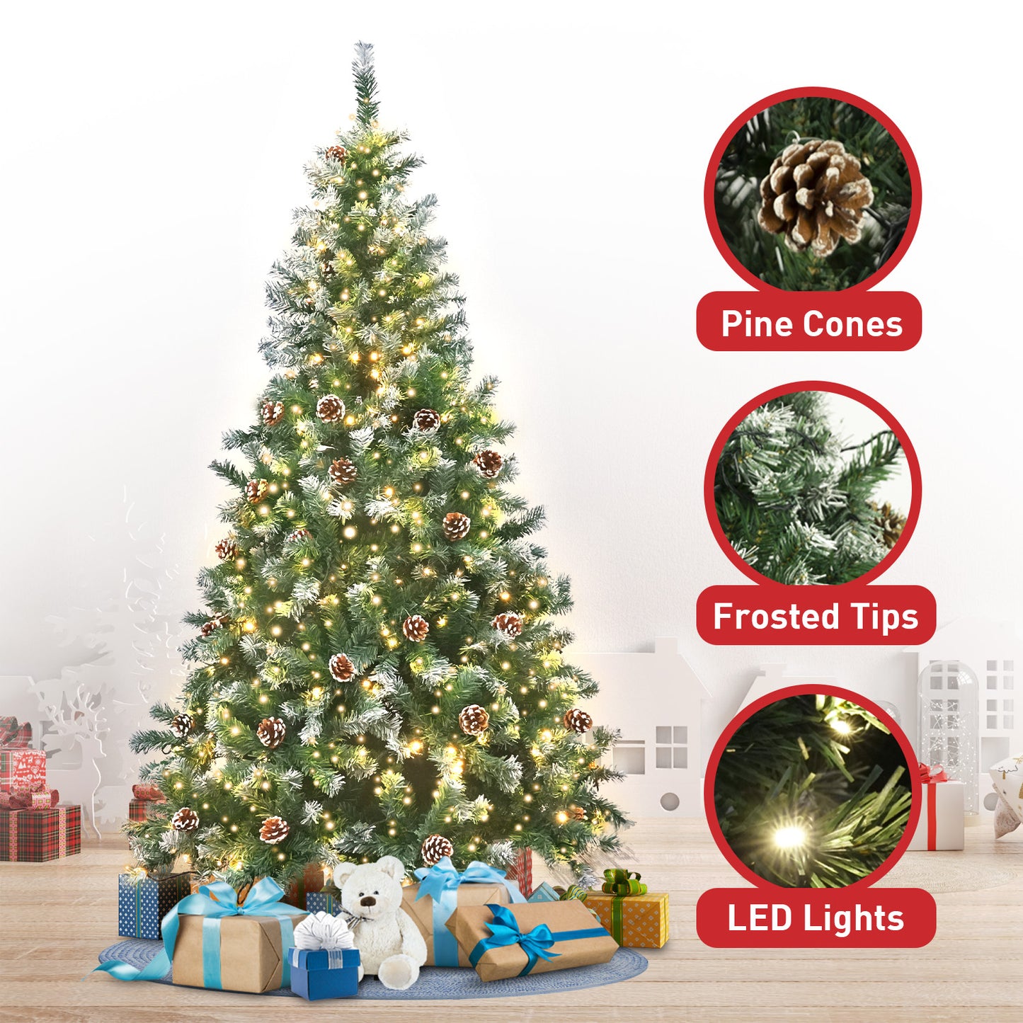 8ft 2.4m 1600 Tips Pre Lit Christmas Tree Decor with Pine Cones Xmas Decorations