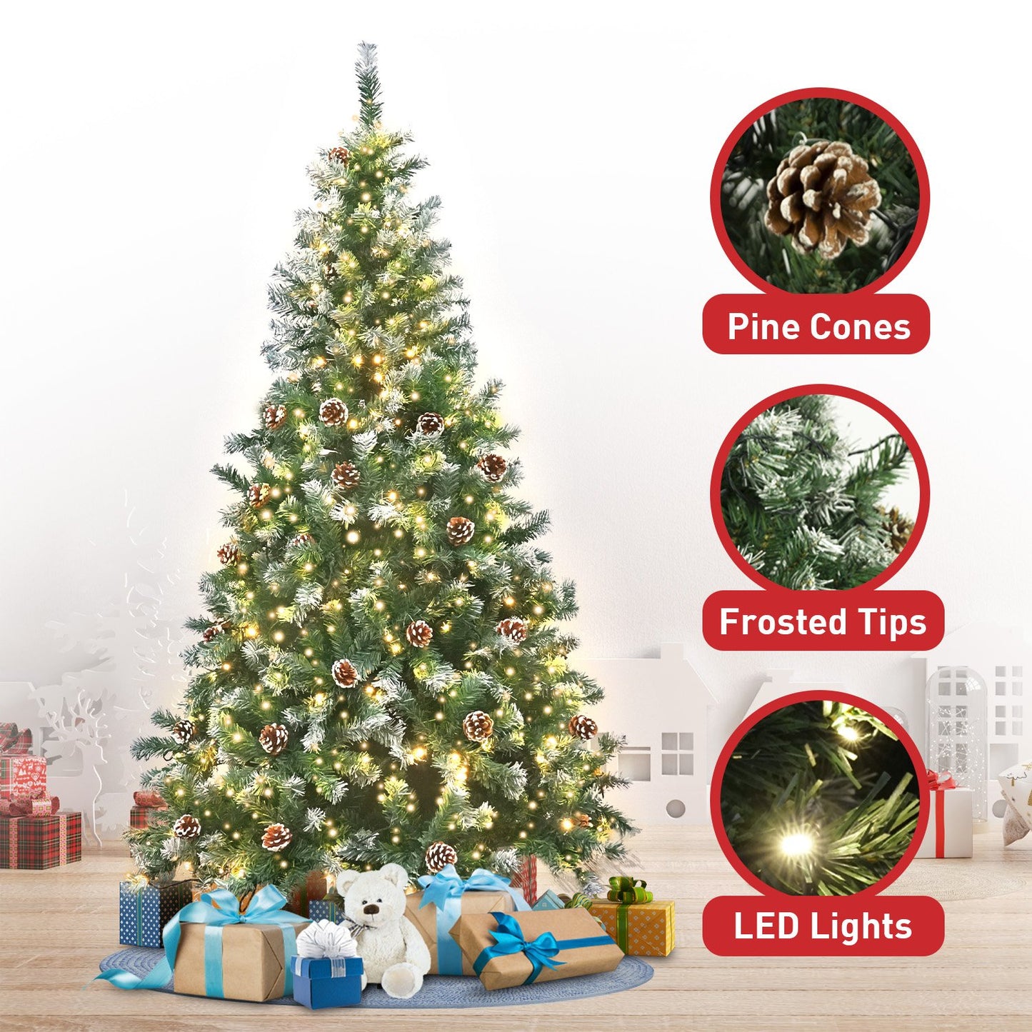 9ft 2.7m 270 Tips Pre Lit Christmas Tree Decor with Pine Cones Xmas Decorations