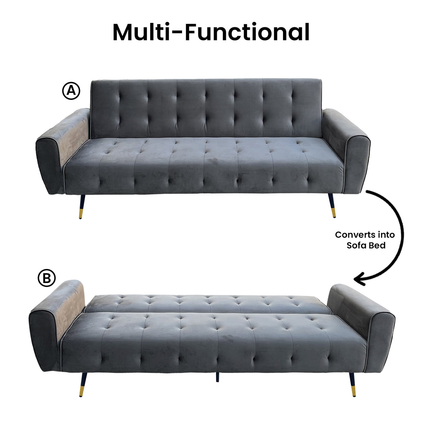 Milli 3-Seater Tufted Velvet Sofa Bed - Dark Grey